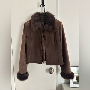 Vintage brown suede leather alfani jacket with fur trim